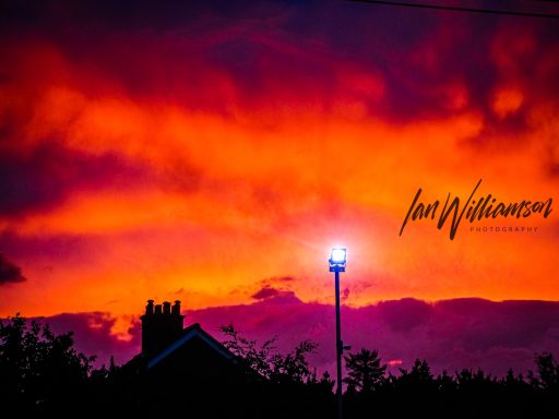 Vibrant sunset with orange and purple hues above a silhouetted house and streetlamp.