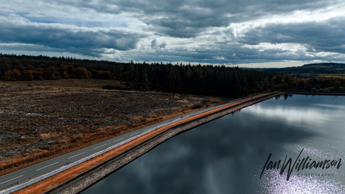 A serene lakeside view with a winding path and cloudy sky above.